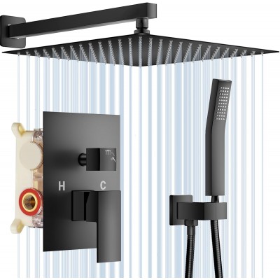 Shower System, 12 Inch Matte Black High Pressure Rain Shower Head with Handheld, Wall Mounted Mixer Shower Combo Set, Bathroom Rainfall Shower head Shower Faucet Brass Shower Valve and Trim