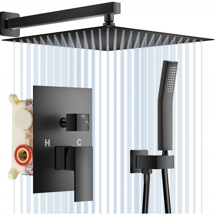 Shower System, 12 Inch Matte Black High Pressure Rain Shower Head with Handheld, Wall Mounted Mixer Shower Combo Set, Bathroom Rainfall Shower head Shower Faucet Brass Shower Valve and Trim Shower System, 12 Inch Matte Black High Pressure Rain Shower Head with Handheld, Wall Mounted Mixer Shower Combo Set, Bathroom Rainfall Shower head Shower Faucet Brass Shower Valve and Trim